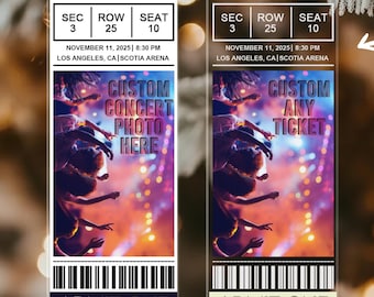 May include: Two clear acrylic concert ticket ornaments with gold hanging strings. Each ticket has a unique design, including the text "CUSTOM CONCERT PHOTO HERE" and "CUSTOM ANY TICKET". The tickets read "ADMIT ONE".