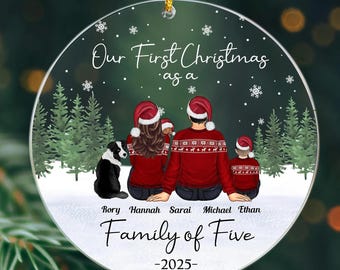Ornament eerste kerst als gezin van vijf, ornament gezin met kinderen huisdieren, gepersonaliseerde baby's eerste kerstornament