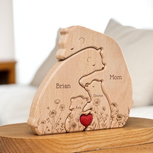 Hugging Bear Family Floral Puzzle, Personalized Wooden Bear Family Puzzle, Custom Birthday Gift, Wooden Animal Carvings, Family Home Decor
