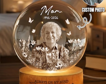 Custom Picture Memorial Crystal Ball Desk Lamp, Personalized Photo Light Night, Loss of Mom, Dad Gift, In Loving Memory, Unique Night Lights
