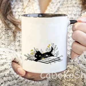 Black Cat Mug, Bookish Mug, Book Reader Gift, Book Lover Coffee Mug, Personalized Gift, Cat Mug, Cat Mom Gift, Cat Dad Gift, Reading Mug