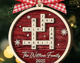 Familienaam Scrabble Kerstmis, gepersonaliseerd houten ornament, familiepuzzelnaam ornament, aangepast familie kruiswoordraadsel kerstornament
