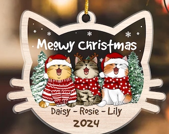 Personalized Cat Christmas 2024 Ornament, Custom Meowy Christmas Ornament, Cute Cat Head Ornament, Cat Lover Gifts, Cat Mom Christmas Decor