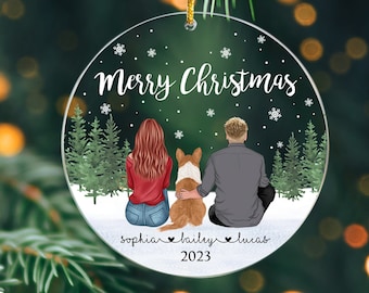 Ornement personnalisé de couple et d’animal de compagnie, couple personnalisé avec ornement de chien, ornement familial personnalisé, ornement de Noël pour chien, souvenir de Noël pour animaux de compagnie