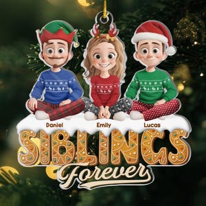 May include: A festive Christmas ornament depicting three cartoon figures in Christmas sweaters and hats. The ornament spells out "SIBLINGS Forever" in a gingerbread font. The figures are named Daniel, Emily, and Lucas, ideal for seasonal decoration.