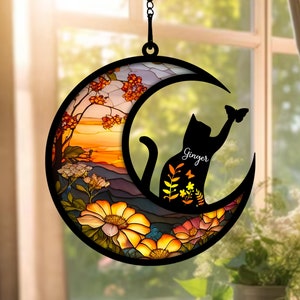 Cat Memorial Suncatcher, Personalized Cat with Name, Loss of Pet Sympathy Gift, Stained Glass Light Catcher, Engraved Cat Lovers Gifts