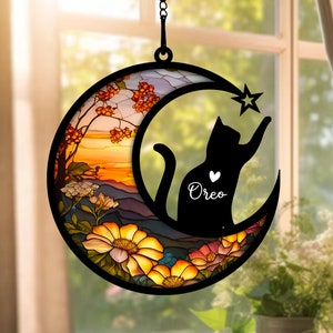 Cat Memorial Suncatcher, Personalized Cat with Name, Loss of Pet Sympathy Gift, Stained Glass Light Catcher, Engraved Cat Lovers Gifts