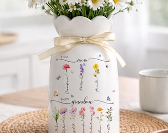 Custom First Mom Now Grandma Ceramic Flower Vase, Birth Month Flower Vase, Grandmas Garden Vase,Birthday Gift for Mom Nana, Mothers Day Gift