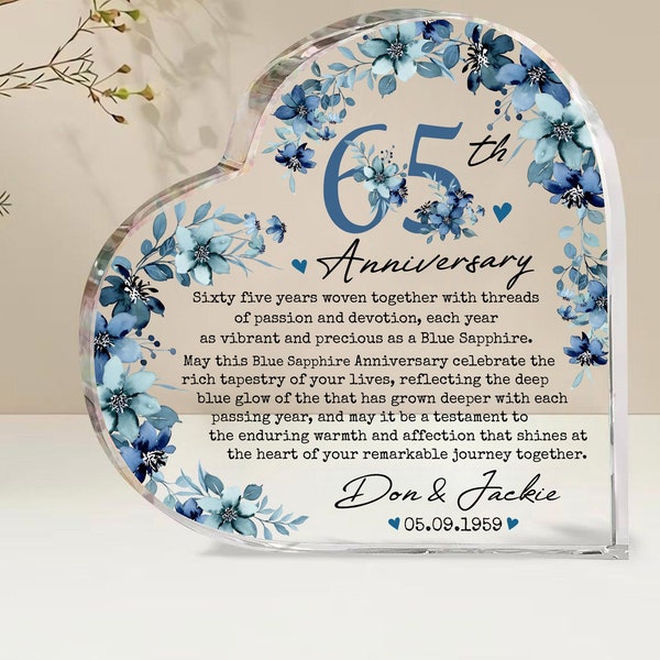 Personalized 65th Wedding Anniversary Gift Acrylic Plaque, 65th Sapphire Wedding Gift For Parents, Sapphire Anniversary Gift, Husband Gift