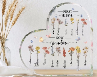 First Mom Now Grandma Plaque, Custom Nana Gigi Gift, Mothers Day Gift, Custom Birth Month Flower Gift For Grandma, Personalized Gift For Mom