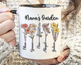 Personalized Birth Flower Mug Mom Gift, Personalized Custom 3D Inflated Effect Printed Mug, Gift For Nana, Mom, Mother's Day Gift 2024
