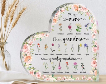 First Mom Now Grandma Plaque, Custom Gigi Nana Gift, Mothers Day Gift, Custom Birth Month Flower Gift For Grandma, Personalized Gift For Mom