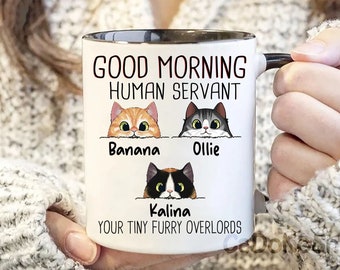 Personalized Coffee Mug For Cat Lover, Good Morning Cat Human Servant, Cat Owner Mug, Walking Fluffy Cats, Custom Mug For Pet Lover