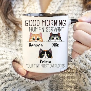 Gepersonaliseerde koffiemok voor kattenliefhebber, goedemorgen kat menselijke dienaar, katteneigenaar mok, wandelende pluizige katten, aangepaste mok voor dierenliefhebber