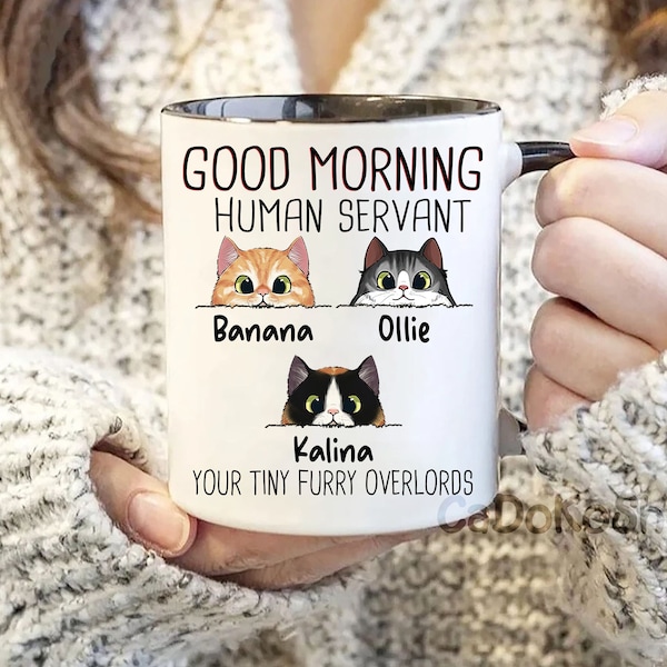 Personalized Coffee Mug For Cat Lover, Good Morning Cat Human Servant, Cat Owner Mug, Walking Fluffy Cats, Custom Mug For Pet Lover