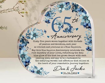 Plaque acrylique personnalisée cadeau 65e anniversaire de mariage, cadeau de mariage 65e saphir pour les parents, cadeau d'anniversaire saphir, cadeau mari