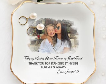 Gepersonaliseerde bruidsmeisje cadeau voor beste vriend, bruidsmeisje ringschotel van bruid, zus huwelijkscadeaus, MOH sieradenlade, zus BFF MOH