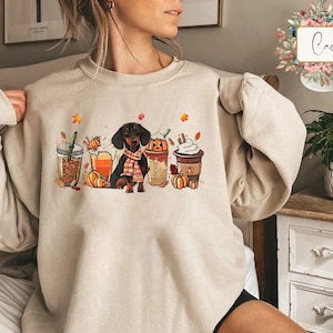 Linda camisa de otoño, camisa de café de otoño, camisa de otoño helada con latte y especias de calabaza, camisa de perro salchicha, camiseta vintage, taza de café de otoño, regalo para amantes de los perros