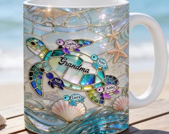 Personalized Grandma Sea Turtle Coffee Mug, Blessed To Be Called Grandma, Custom Grandma with Kids Names Mug, Sea Turtle Lover Gift, Mom Mug