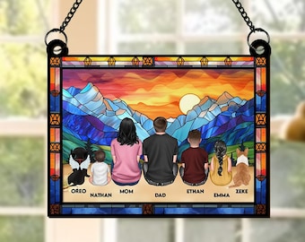 Aangepaste familienaam Suncatcher ornament, kinderen zitten op de maan Suncatcher, raam hangend decor, cadeau-idee voor familie, vriend, college
