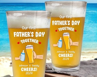 Fathers Day Gift, Personalized 16oz Print Beer Glass, Funny Present For Dad, New Dad Gift, Our First Father's Day - Personalized Beer Glass