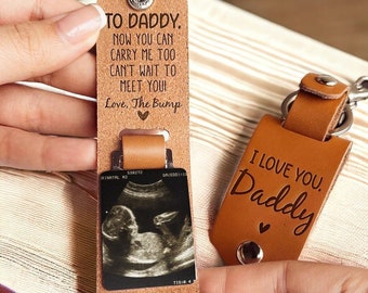 Personalized Leather Photo Keychain, Ultrasound Baby Keychain, First Father&#39;s Day Gift Can&#39;t Wait to Meet You From the Bump Gift for New Dad