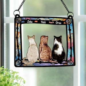Personalized Cats Sitting In Frame, Window Hanging Suncatcher Ornament, Pet Family Gift, Cat Lover Gift, Loss Of Cats, Cat Sympathy Gift
