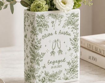 Personalized Toile Couple Ceramic Book Vase, Custom Wedding Keepsake, Engagement Gift, Newlywed Gift, Custom Initials Names Gift For Couple