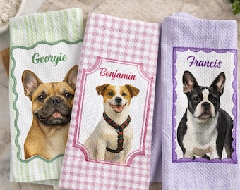 Spersonalizowany ręcznik kuchenny z portretem zwierzaka, spersonalizowana ściereczka kuchenna z akwarelowym zdjęciem zwierzaka w paski, prezent w postaci ściereczki dla miłośników zwierząt, prezent dla mamy psa