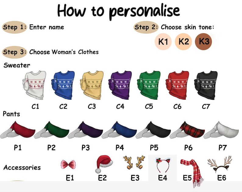 May include: An illustration with instructions on how to personalize a product. It shows options for sweaters, pants, and accessories, including a bow, Santa hat, reindeer antlers, and a scarf. The text reads "How to Personalise."