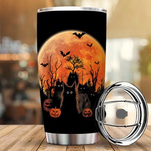 Personalisierte Katzentasse Halloween Geschenk, schwarze Katze Reisebecher, Katzenliebhaber Tasse, Kürbistasse Geschenk, Kaffee Tee-Liebhaber Geschenk, gruselige Jahreszeit Kaffeetasse