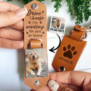 Porte-clé en cuir personnalisé avec photo, cadeau photo personnalisé pour papa, cadeau pour amoureux des chiens, papa en toute sécurité, porte-clé photo de chien, cadeau pour papa de chien