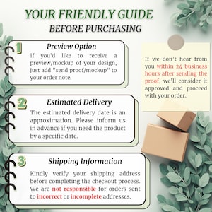 Puede incluir: Un gr&aacute;fico informativo titulado YOUR FRIENDLY GUIDE BEFORE PURCHASING con tres secciones numeradas sobre opciones de vista previa, entrega estimada e informaci&oacute;n de env&iacute;o, adem&aacute;s de una nota sobre la aprobaci&oacute;n en 24 horas.