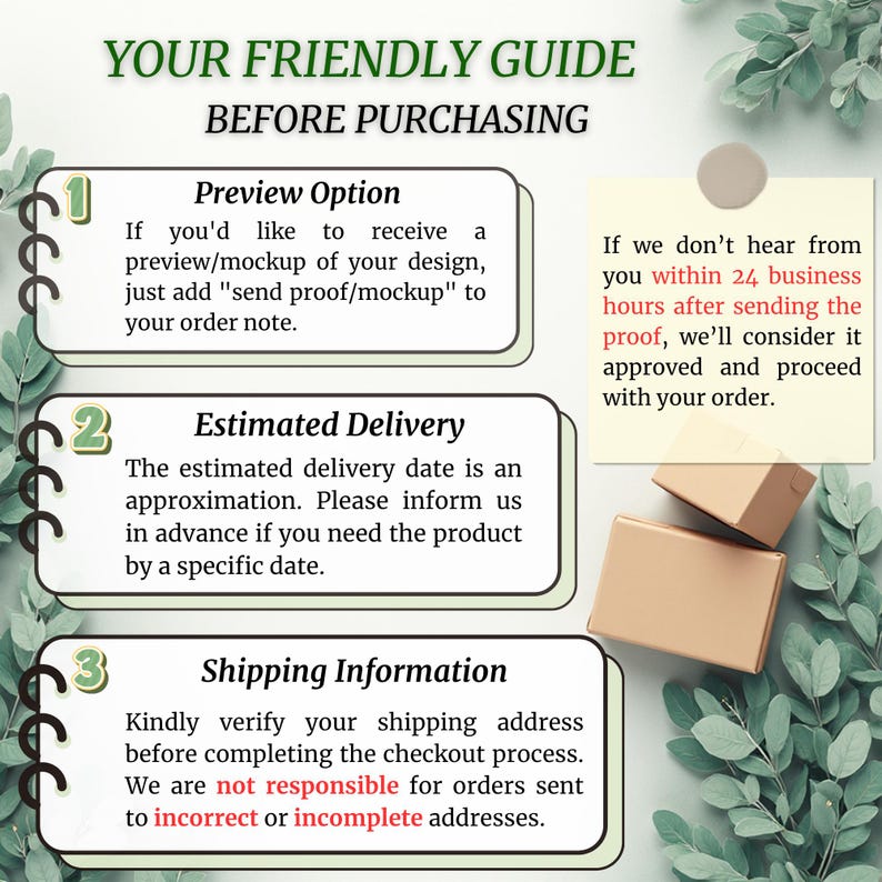 Puede incluir: Un gr&aacute;fico informativo titulado YOUR FRIENDLY GUIDE BEFORE PURCHASING con tres secciones numeradas sobre opciones de vista previa, entrega estimada e informaci&oacute;n de env&iacute;o, adem&aacute;s de una nota sobre la aprobaci&oacute;n en 24 horas.
