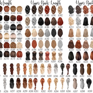 May include: A chart displaying various hair color and style options for personalized illustrations. The options include different shades of brown, blonde, black, and red, as well as various hairstyles, including tied hair.