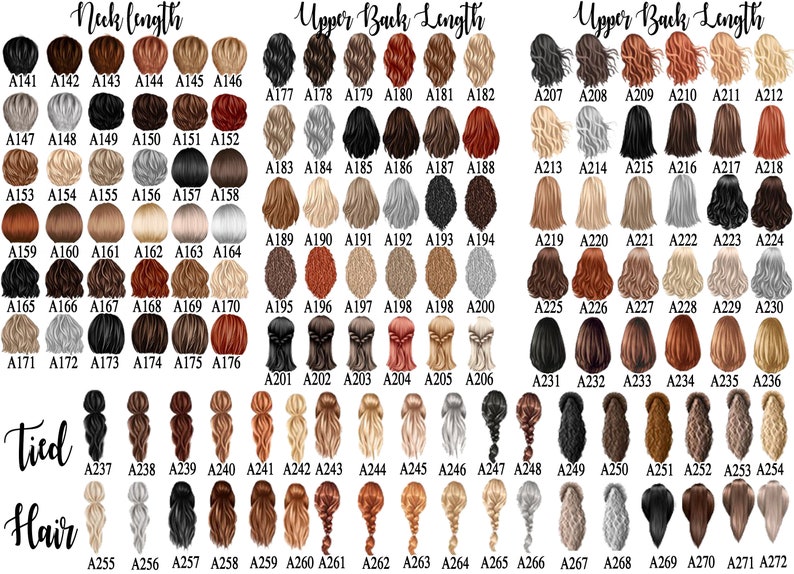 May include: A chart displaying various hair color and style options for personalized illustrations. The options include different shades of brown, blonde, black, and red, as well as various hairstyles, including tied hair.