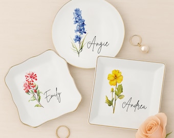 Personalized Jewelry Dish – Custom Name Ring Dish Birth Flower , Ceramic Trinket Tray, Bridesmaid Gift, Wedding Favor, Birthday Gift for Her