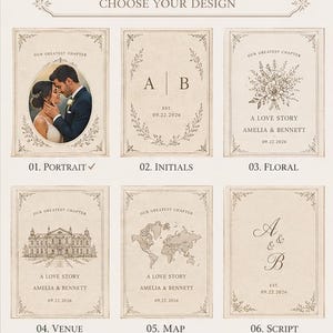 Puede incluir: Un panel rectangular beige que muestra seis opciones de dise&ntilde;o para papeler&iacute;a personalizada. Cada opci&oacute;n incluye bordes decorativos y texto como Our Greatest Chapter, A Love Story, Amelia & Bennett y la fecha 22.09.2026.