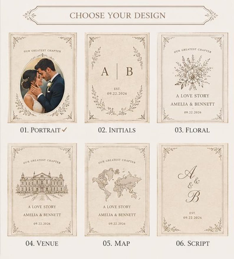 Puede incluir: Un panel rectangular beige que muestra seis opciones de dise&ntilde;o para papeler&iacute;a personalizada. Cada opci&oacute;n incluye bordes decorativos y texto como Our Greatest Chapter, A Love Story, Amelia & Bennett y la fecha 22.09.2026.