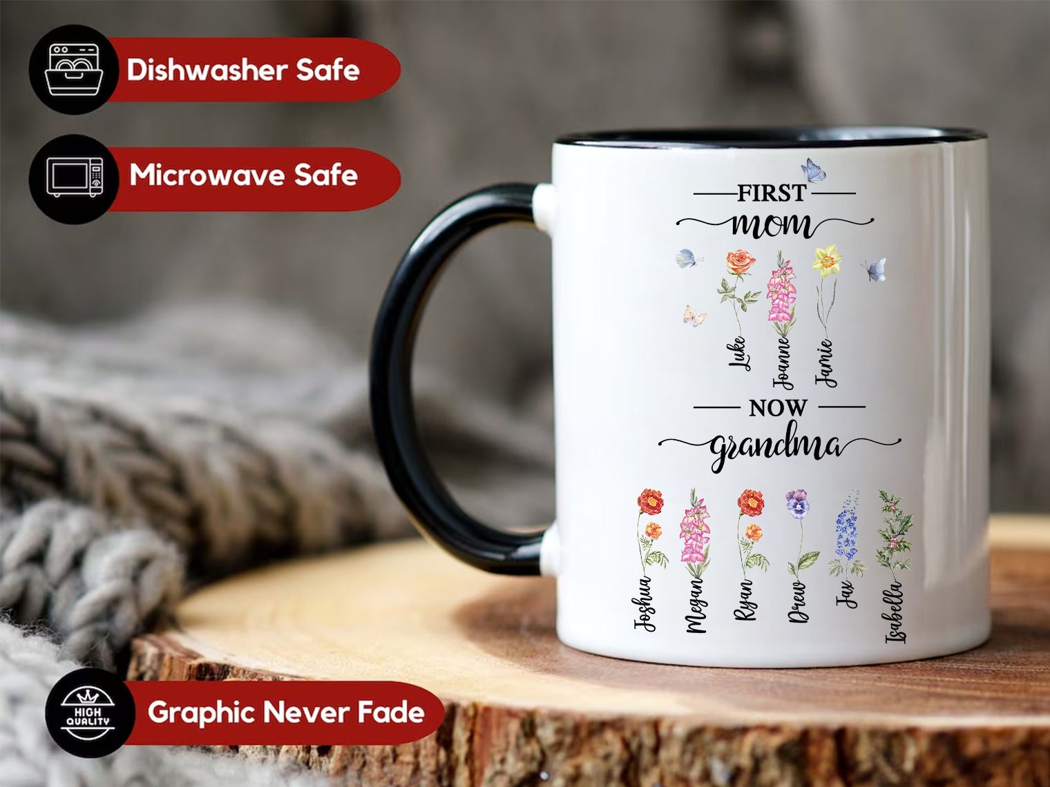 Personalized First Mom Now Grandma Mug, Grandma's Garden Birth Flower ...