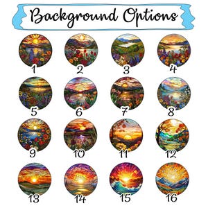 May include: A selection of 16 stained glass style backgrounds for digital art, featuring various landscapes with sunsets, mountains, and water. The backgrounds are numbered 1 through 16.