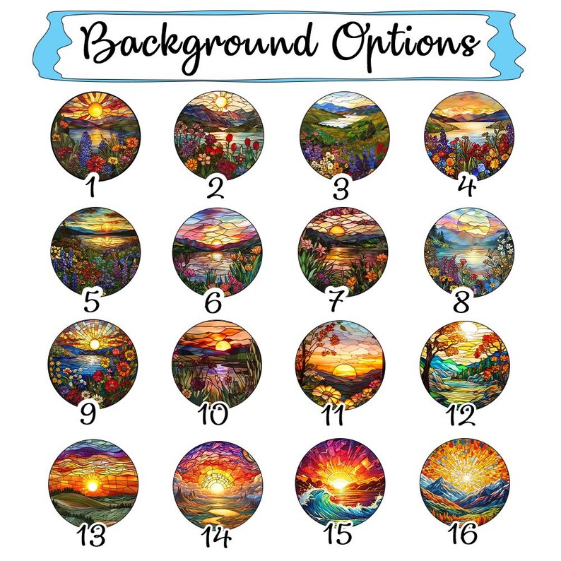 May include: A selection of 16 stained glass style backgrounds for digital art, featuring various landscapes with sunsets, mountains, and water. The backgrounds are numbered 1 through 16.