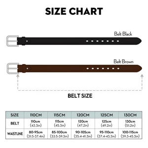 May include: Size chart for belts in black and brown leather. The chart shows belt sizes in inches and centimeters, and corresponding waist sizes in inches and centimeters.