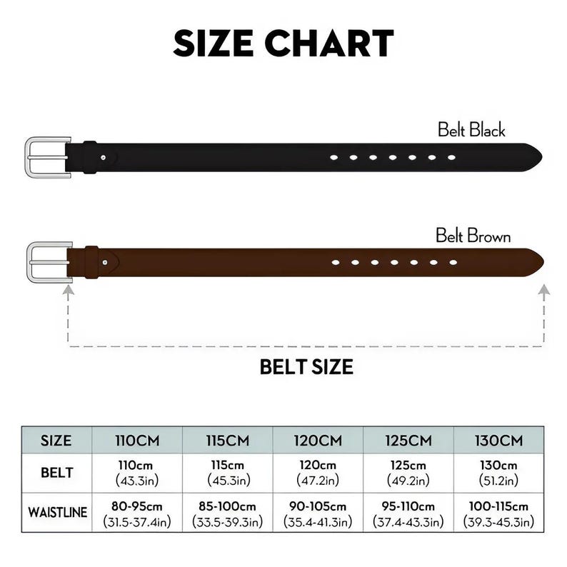 May include: Size chart for belts in black and brown leather. The chart shows belt sizes in inches and centimeters, and corresponding waist sizes in inches and centimeters.