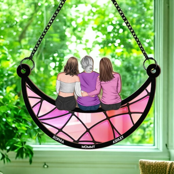 Personalized Window Hanging Suncatcher, Custom Mom & Daughter, Mothers Day Gift for Mom, Grandma, Nana Gift, Mother Daughter On The Moon