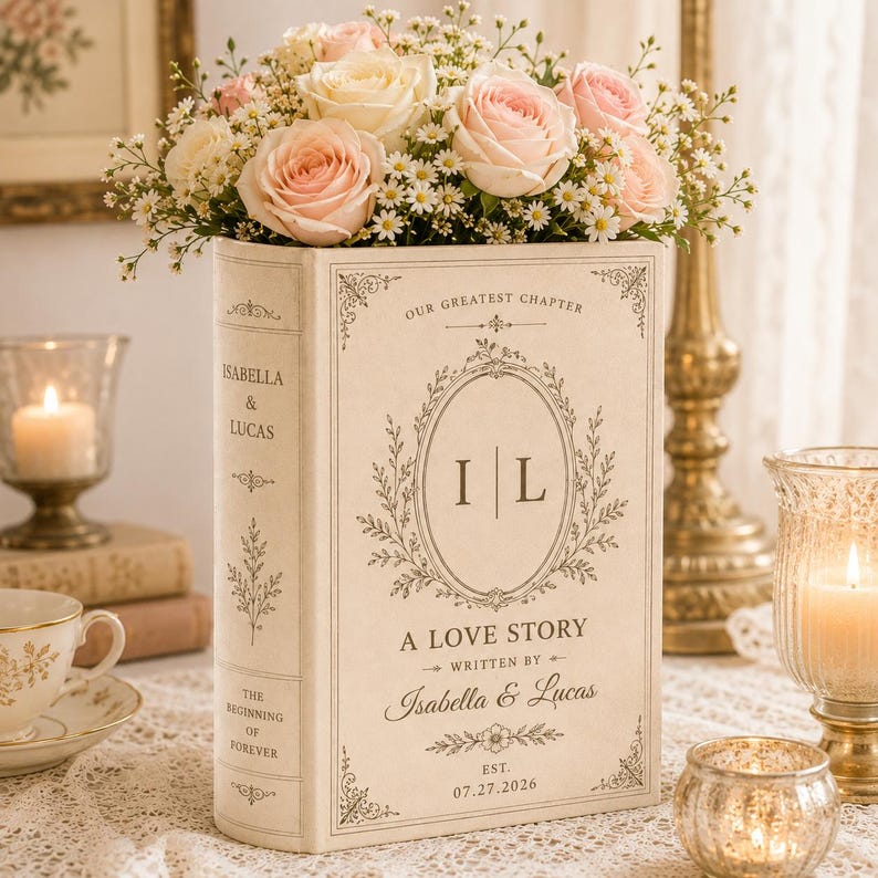 Puede incluir: Un florero en forma de libro de color crema con el texto "OUR GREATEST CHAPTER", "I L", "A LOVE STORY", "WRITTEN BY Isabella & Lucas" y "EST. 07.27.2026". El lomo dice "ISABELLA & LUCAS" y "THE BEGINNING OF FOREVER" con detalles florales.
