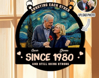 May include: A black wooden sign with a chain for hanging. The sign features a couple in front of a Van Gogh-style starry night painting. Text reads "Annoying Each Other Since 1980 and Still Going Strong." A small photo is in the upper right corner.