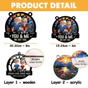 May include: Round wooden and acrylic ornaments featuring cartoon couples. The wooden ornament is 20.32 cm wide and has the text "YOU & ME WE GOT THIS". The acrylic ornament is 15.24 cm wide and has a landscape scene.