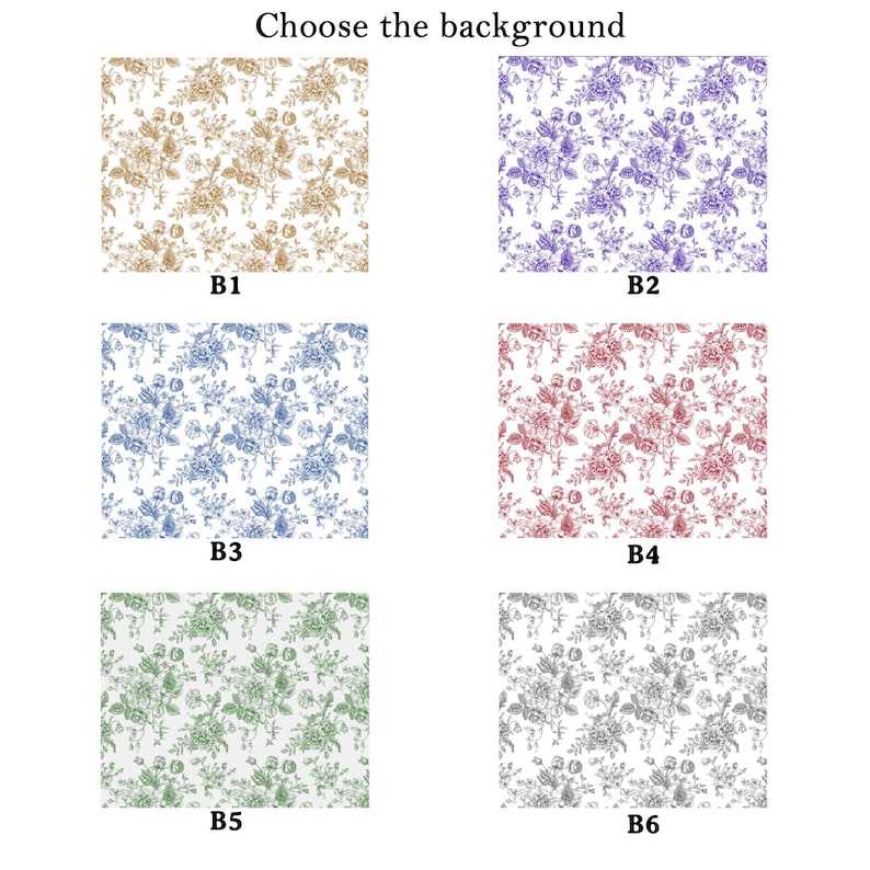 Pu&ograve; includere: Immagine con sei opzioni di sfondo con motivi floreali in vari colori. Le opzioni includono oro, viola, blu, rosso, verde e grigio. Ogni motivo &egrave; un design floreale dettagliato su sfondo bianco, con il testo "Choose the background" in alto.