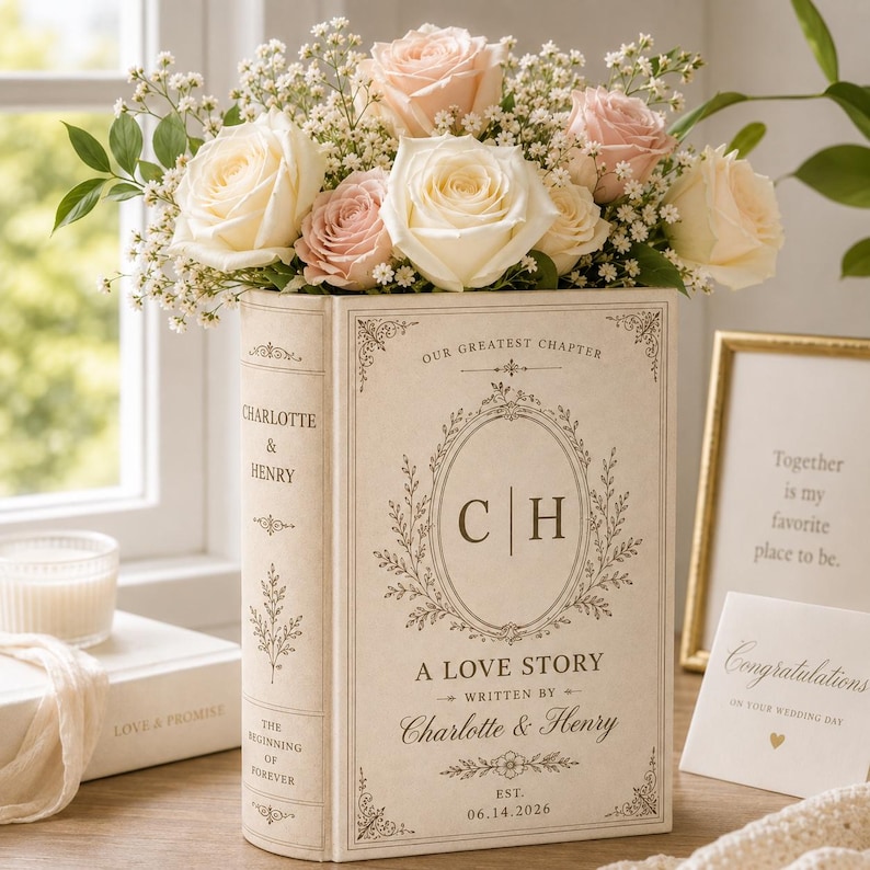 Puede incluir: Un florero con forma de libro de color crema con el texto Our Greatest Chapter, C H, A Love Story, Written By Charlotte & Henry, y Est. 14.06.2026, lleno de un ramo de rosas de color rosa p&aacute;lido y blanco y peque&ntilde;as flores de paniculata.